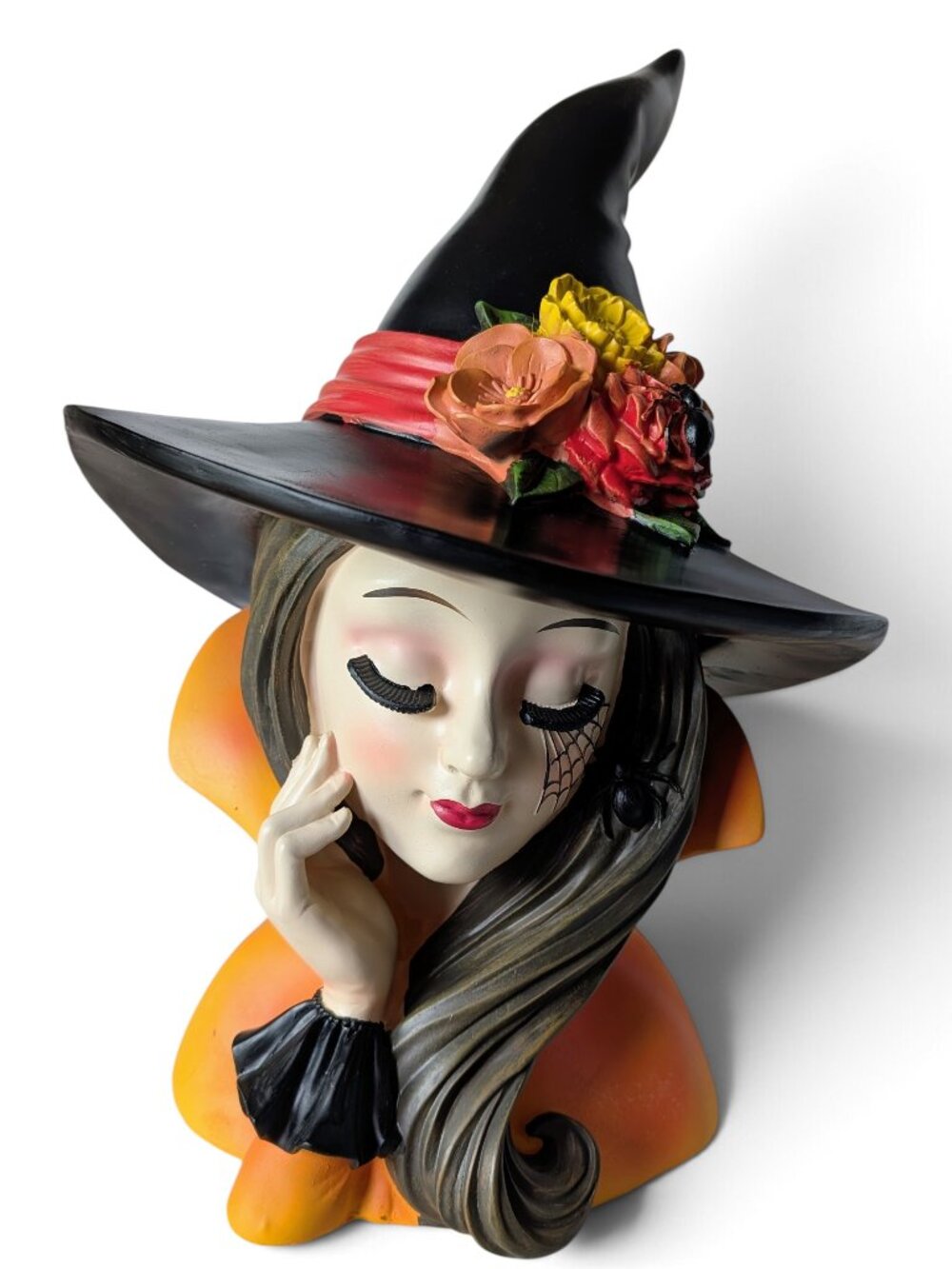 Bella Lux Halloween 15" Glamorous Witch Figurine NWT Orange Black Floral Bust